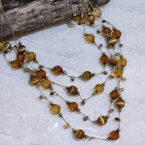 Honey Tiger Eye Amber Colored Beads Gold Tone Multi Strand (16" to 20") Necklace